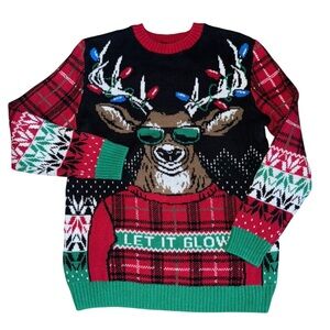 UGLY CHRISTMAS  SWEATER MENS SIZE LARGE “LET IT GLOW” REINDEER W/ SUNGL…